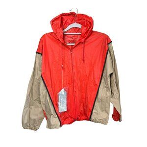 NWT Scoop Red & Tan Colorblock Windbreaker Jacket Hooded Zip-Up, Size M (23x24)